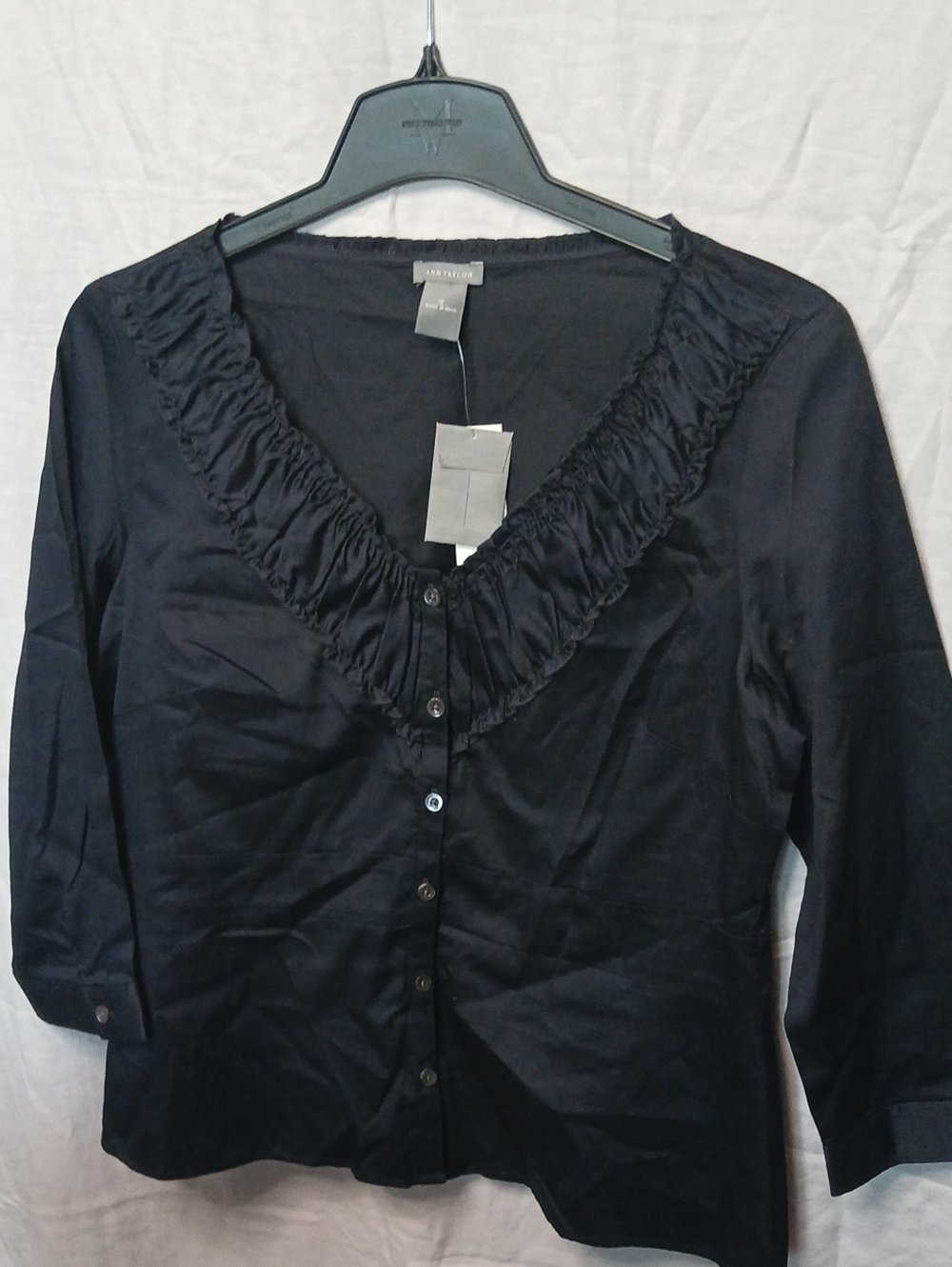 Ann Taylor Black Button-Front Ruffle V-Neck Blouse